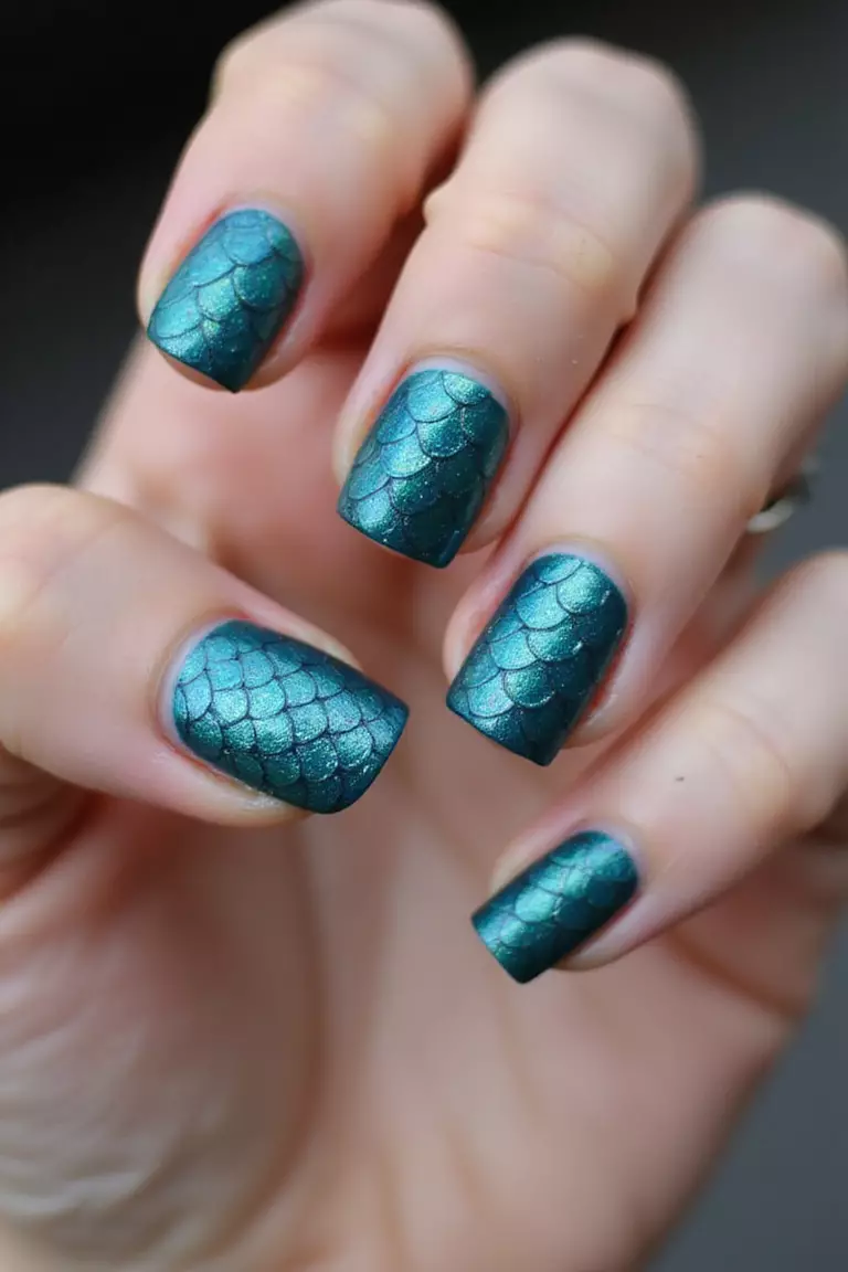 Mermaid-Inspired Scales Close-up of a woman's hand with five fingers showing overlapping blue-green scale pattern across nails resembling mermaid tail, with iridescent shimmer reflecting light.