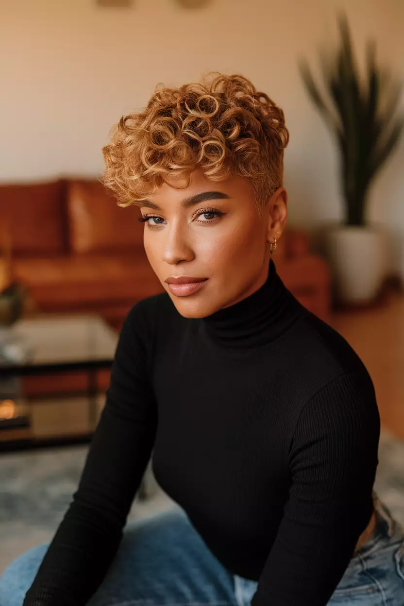 Curly Pixie Hairstyle for Fine Hair A beautiful woman with a curly pixie hairstyle for fine hair, front view, living room background
