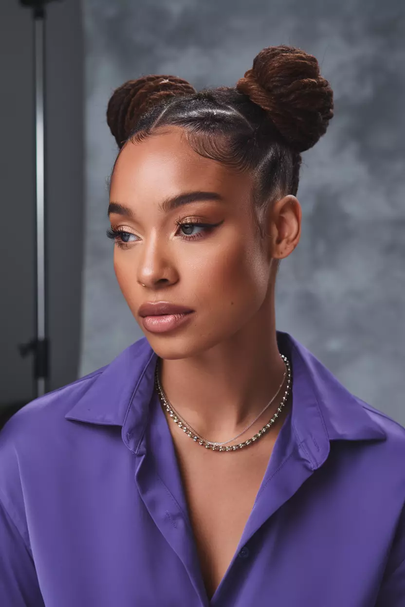 Space Buns A beautiful woman with a space buns hairstyle