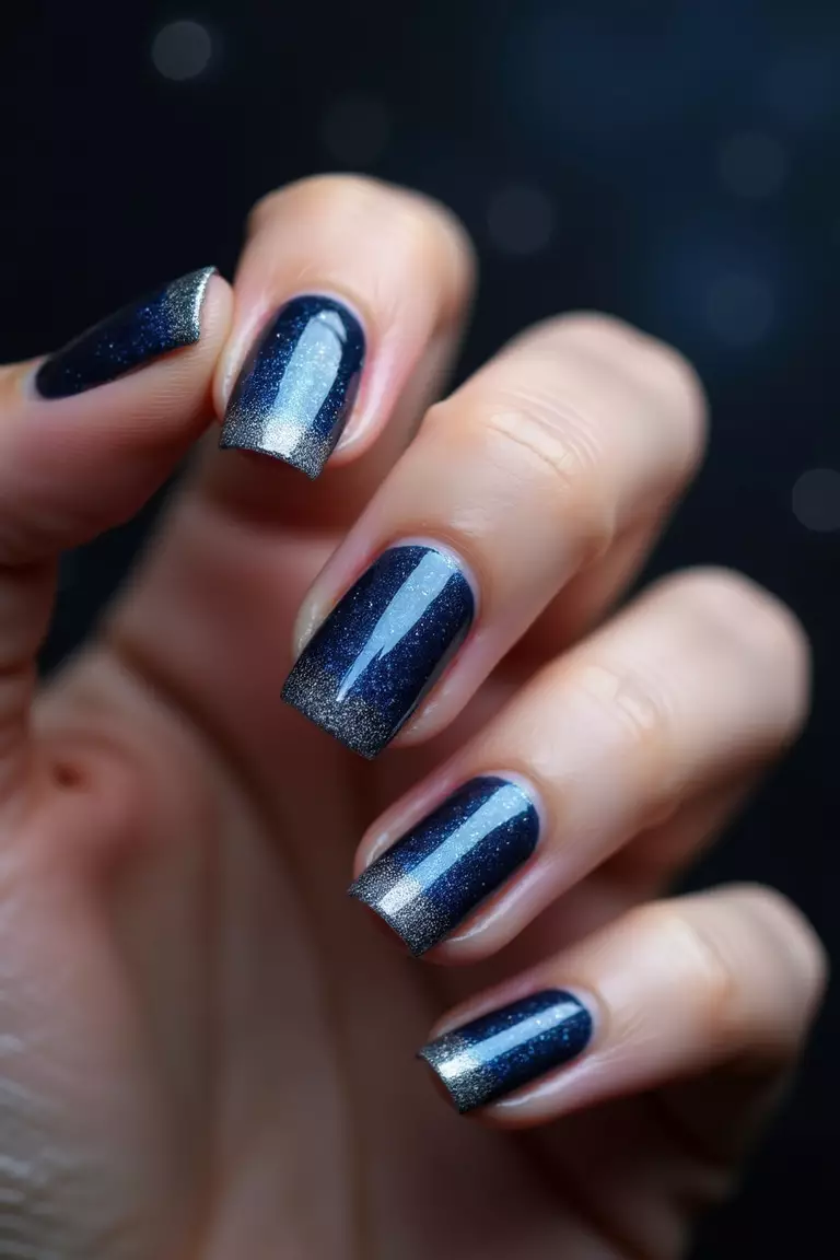 Midnight Blue With Silver Glitter Close-up of a woman's hand with five fingers displaying deep midnight blue nails with silver glitter gradient at the tips, sparkling like stars against a night sky.