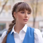 A beautiful woman with braided bangs with a ponytail.