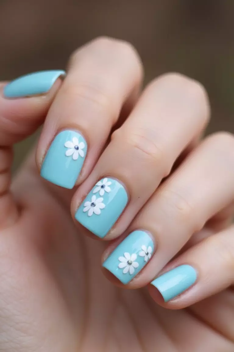 Blue Floral Accents Close-up of a woman's hand with five fingers showing light blue base nails with delicate white flower designs painted on two fingers, with tiny dots as flower centers.