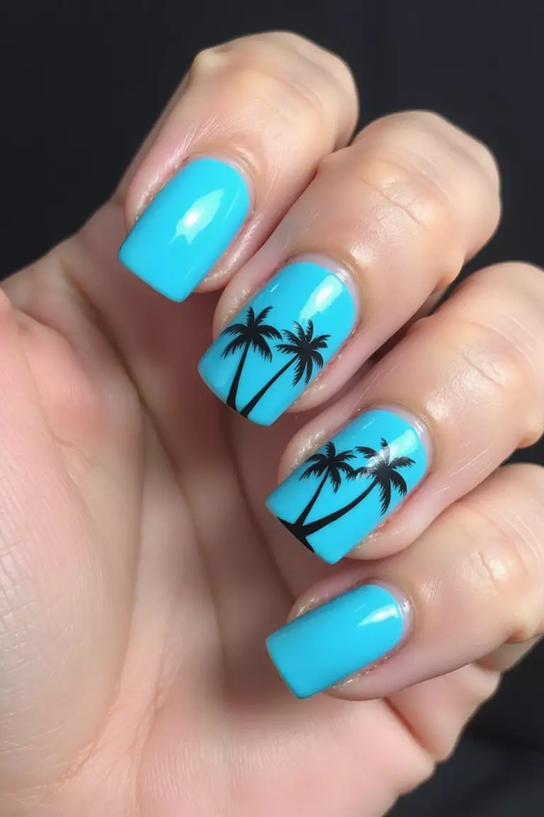 Tropical Blue With Palms Close-up of a woman's hand with five fingers showing bright blue nails with black palm tree silhouettes painted across two accent nails, creating a vacation vibe.