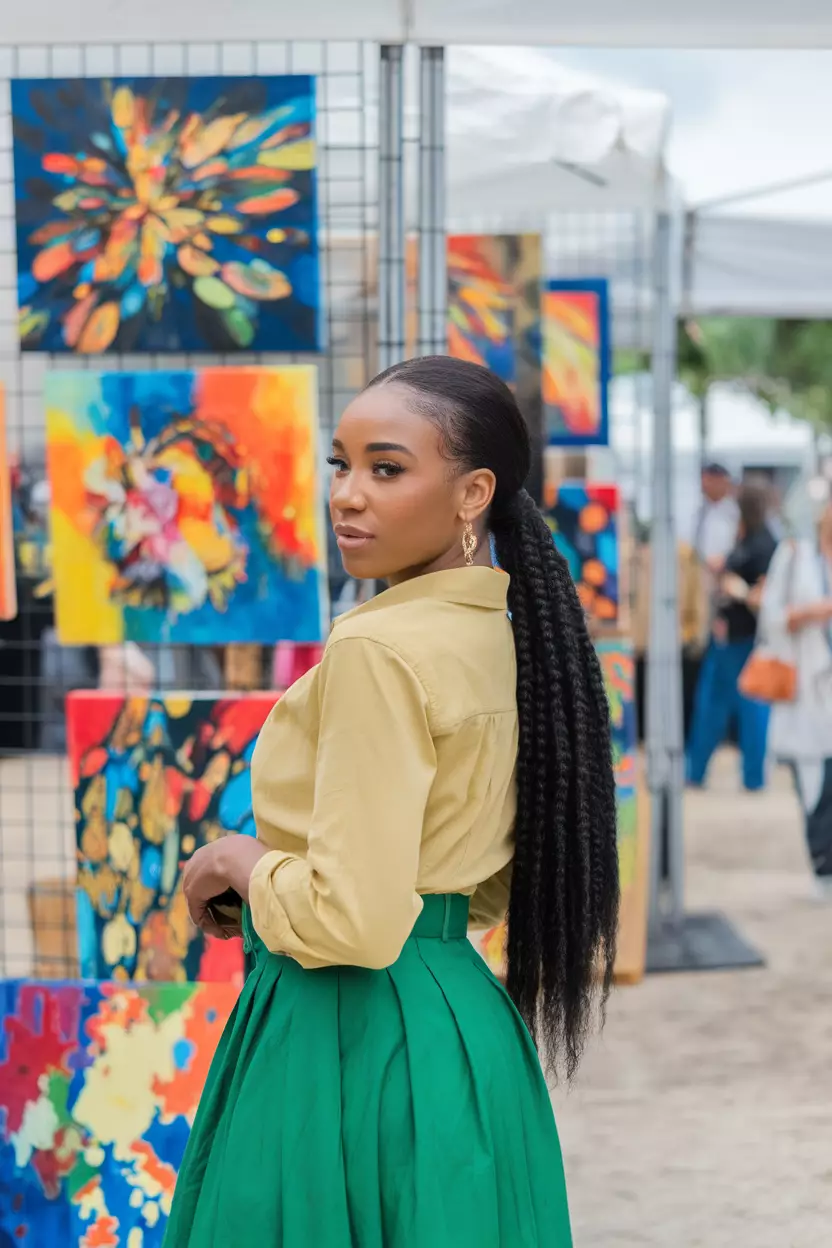 A beautiful black woman with a Fulani ponytail, at a summer art festival with colorful displays