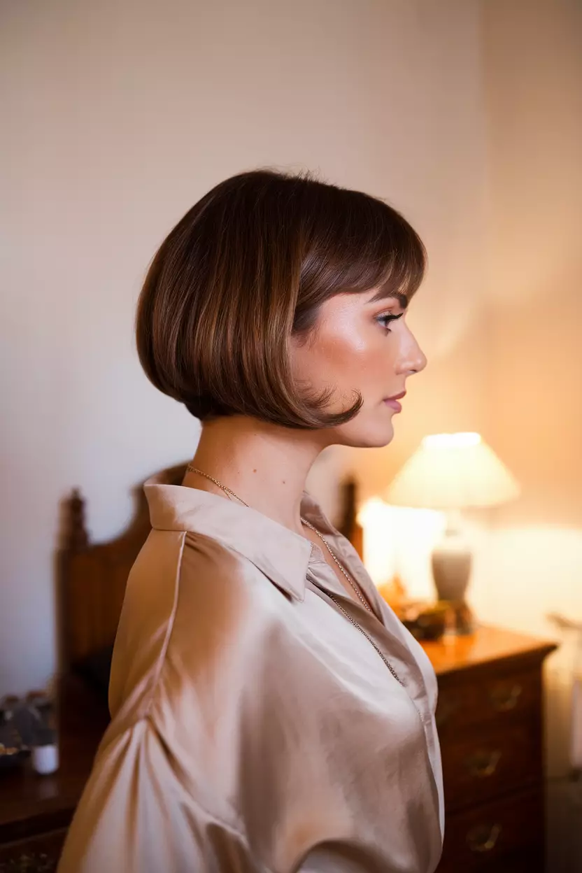 Classic Chocolate Bob A beautiful woman with a classic chocolate bob, side view, bedroom background
