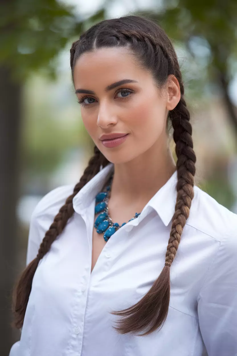 Braided Pigtails A beautiful woman with braided pigtails hairstyle.