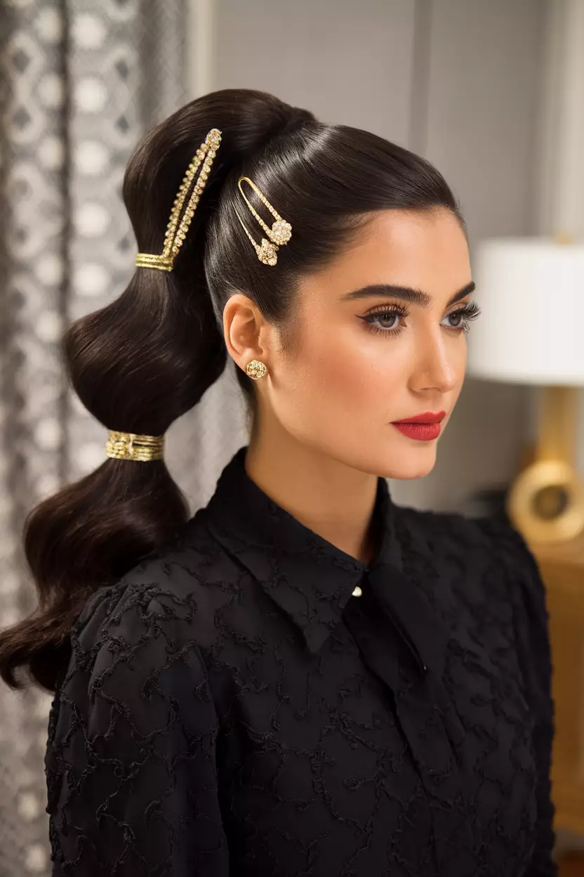 A beautiful woman with an Accessorized Ponytail hairstyle