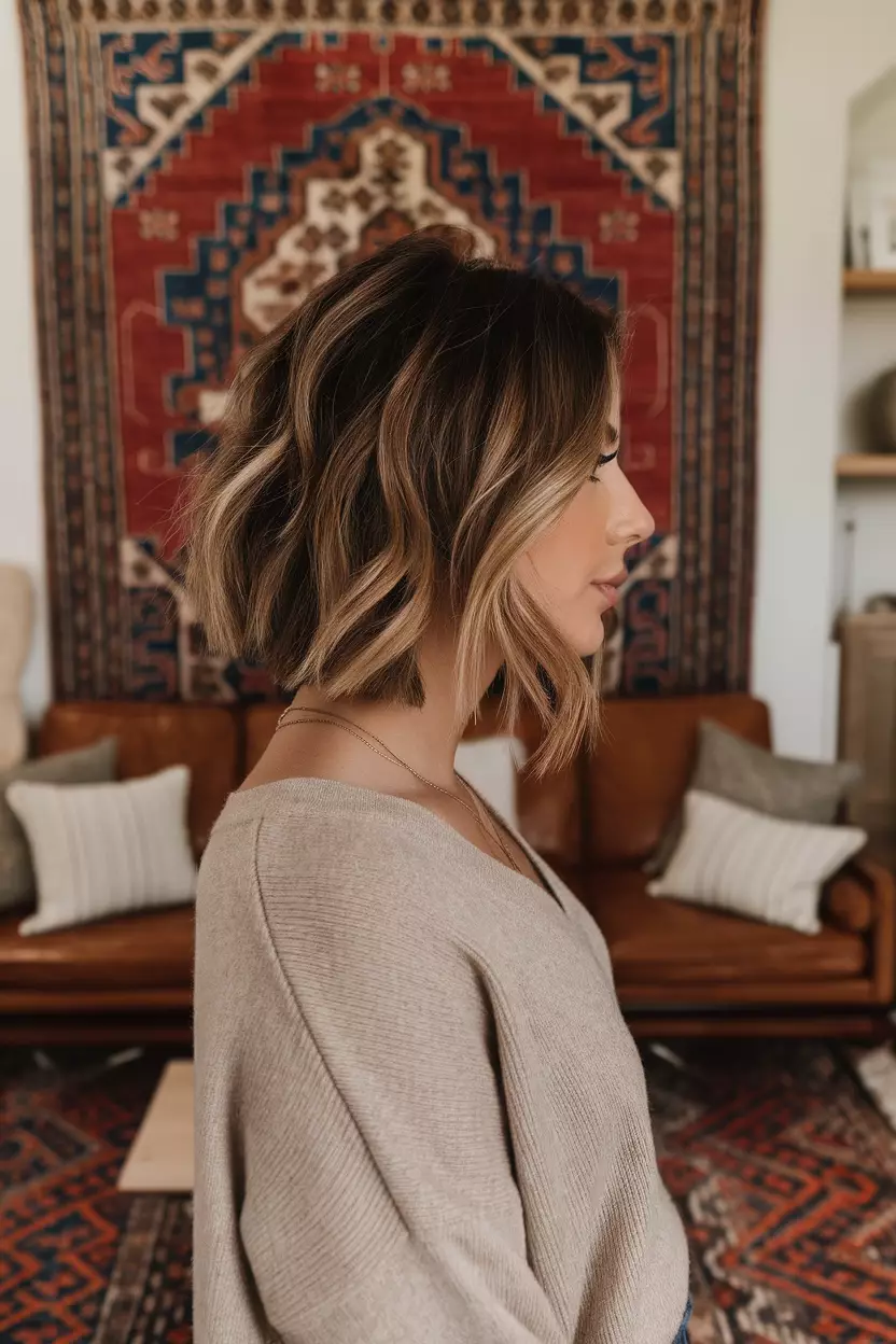 Angled Long Bob for Fine Hair A beautiful woman with an angled long bob for fine hair, side view, living room background