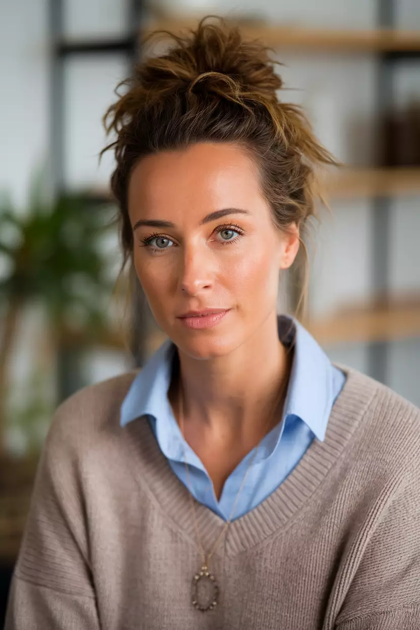 A beautiful woman with a Messy Bun hairstyle