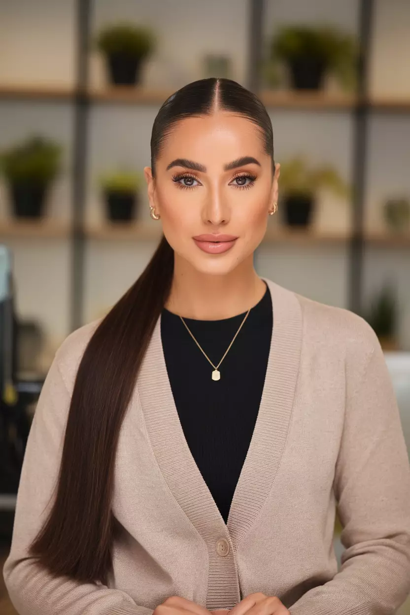 Slicked-Back Ponytail A beautiful woman with a sleek, perfectly slicked-back ponytail.