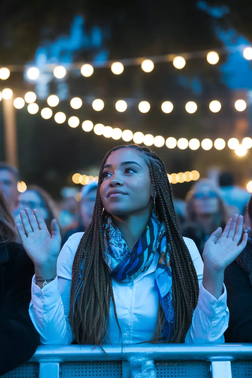A beautiful black woman with goddess braids, attending an outdoor concert with string lights overhead
