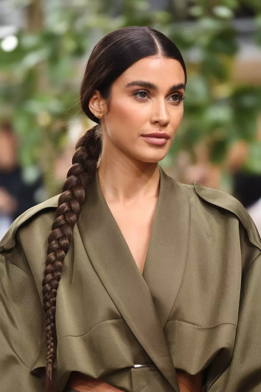 Low Braided Ponytail A beautiful woman with a low braided ponytail hairstyle
