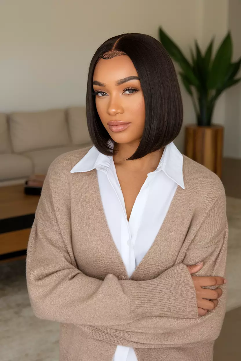 Sleek Mid-Length Cut A beautiful woman with a sleek mid-length cut, front view, living room background