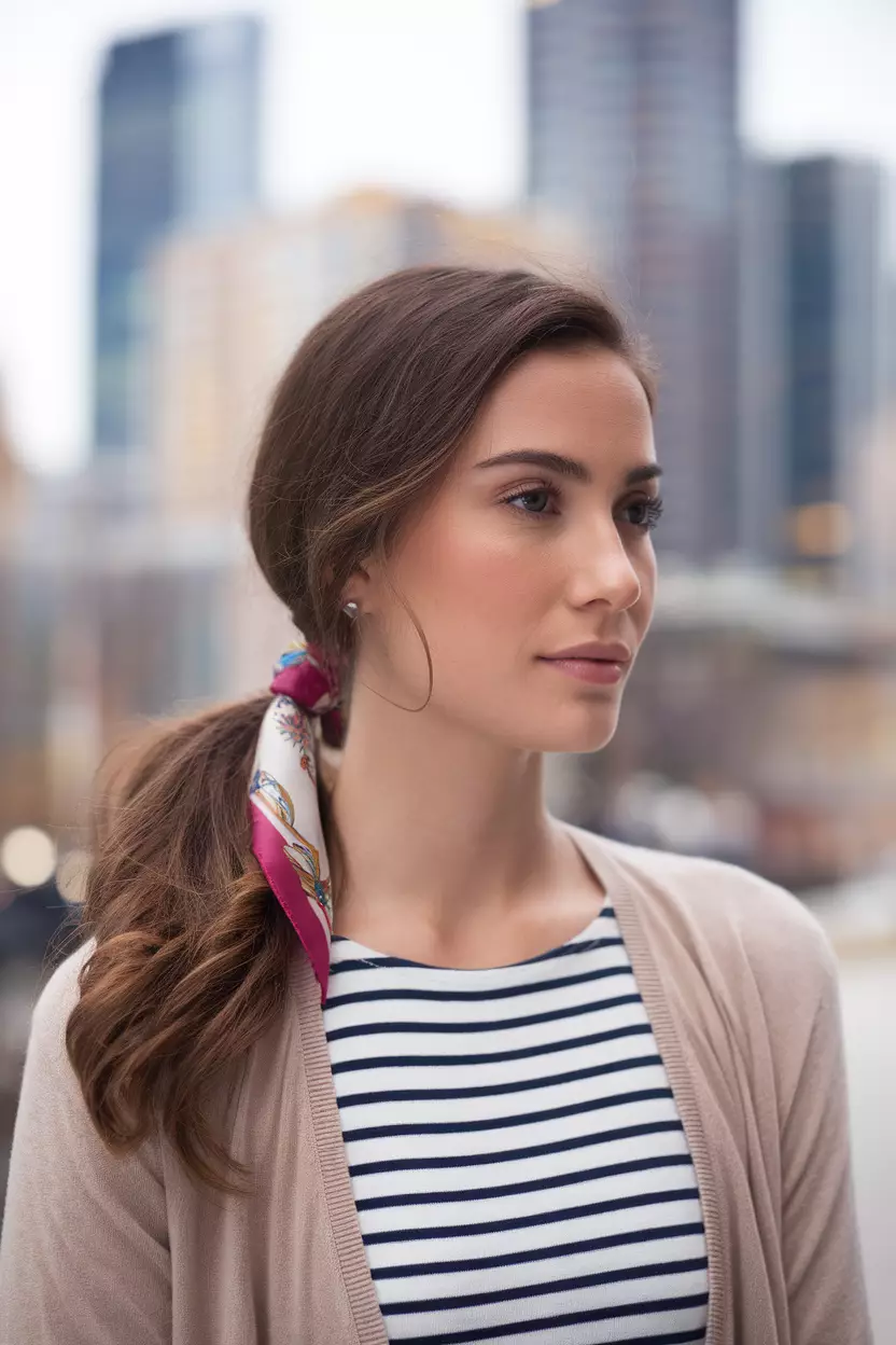 A beautiful woman with a Low Ponytail with a Scarf hairstyle