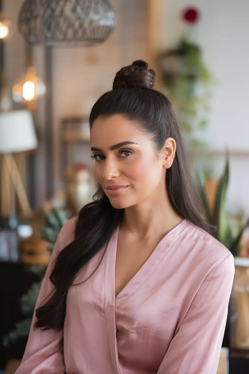 A beautiful woman with a Knotted Half-Up hairstyle