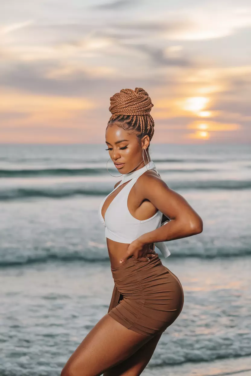 A beautiful black woman with a cornrow updo, dancing at a sunset beach party with waves in the background