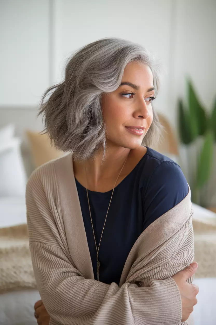 Choppy Gray Bob A beautiful woman with a choppy gray bob, side view, bedroom background