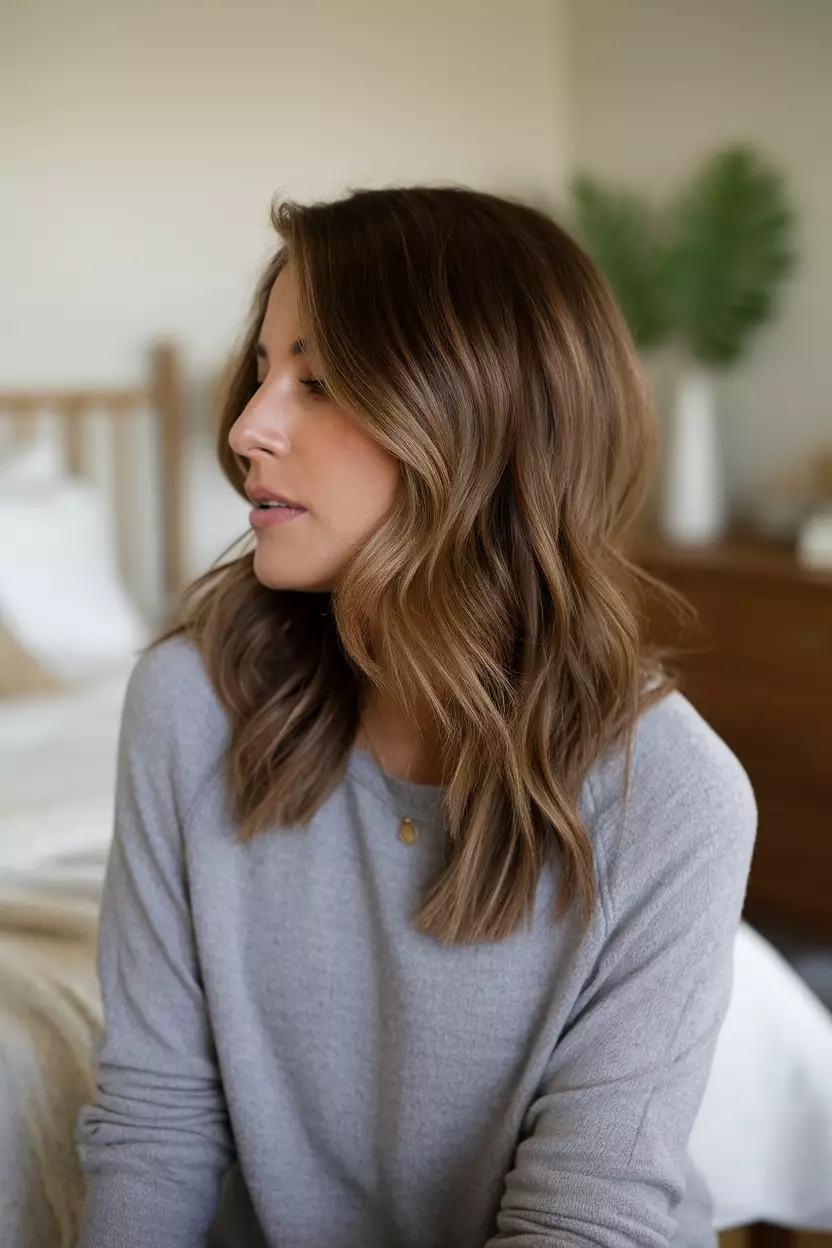 Transition Shag A photo of a beautiful woman with a transition shag, side view, bedroom background