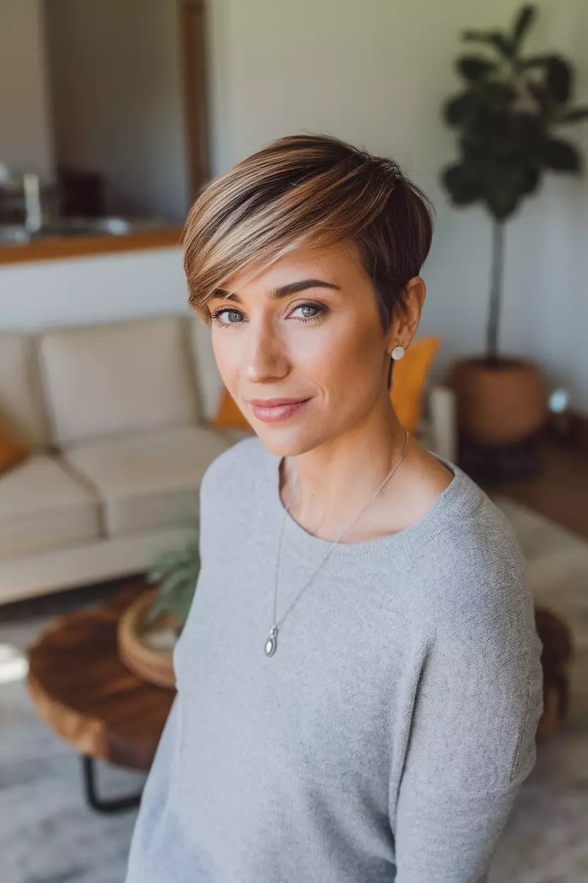 Short Pixie with Side-Swept Bangs A beautiful woman with a short pixie with side-swept bangs, side view, living room background