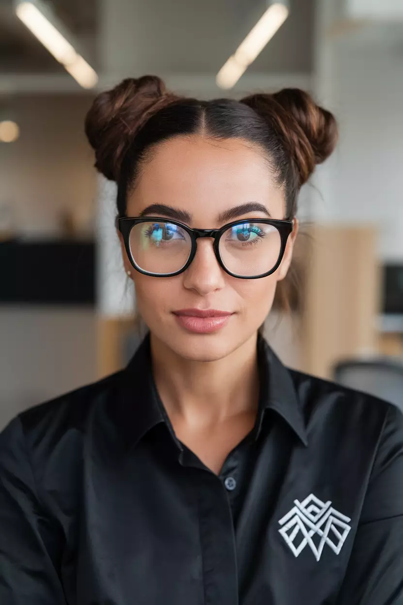 Space Buns A beautiful woman with fun, symmetrical space buns.