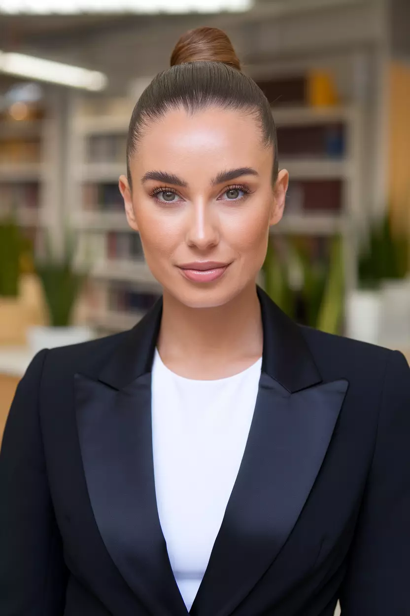 Slicked Back Bun A beautiful woman with a slicked back bun hairstyle