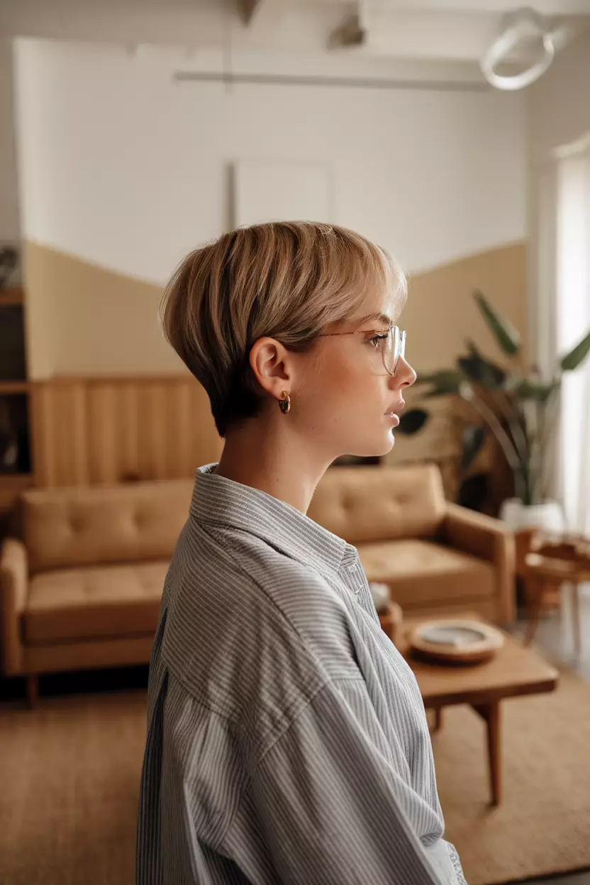 Asymmetrical Short Pixie for Fine Hair A beautiful woman with an asymmetrical short pixie for fine hair, side view, living room background