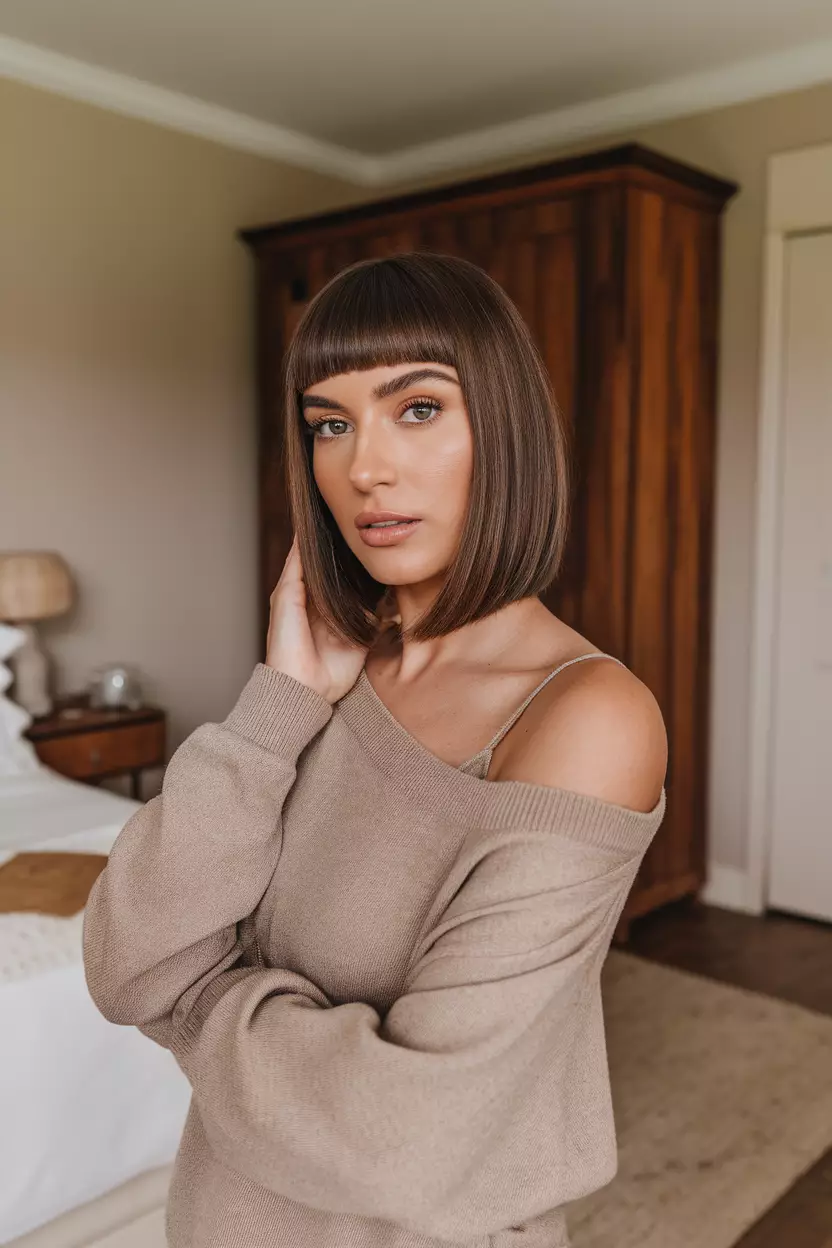 Blunt Short Bob for Thin Hair A beautiful woman with a blunt short bob for thin hair, front view, bedroom background