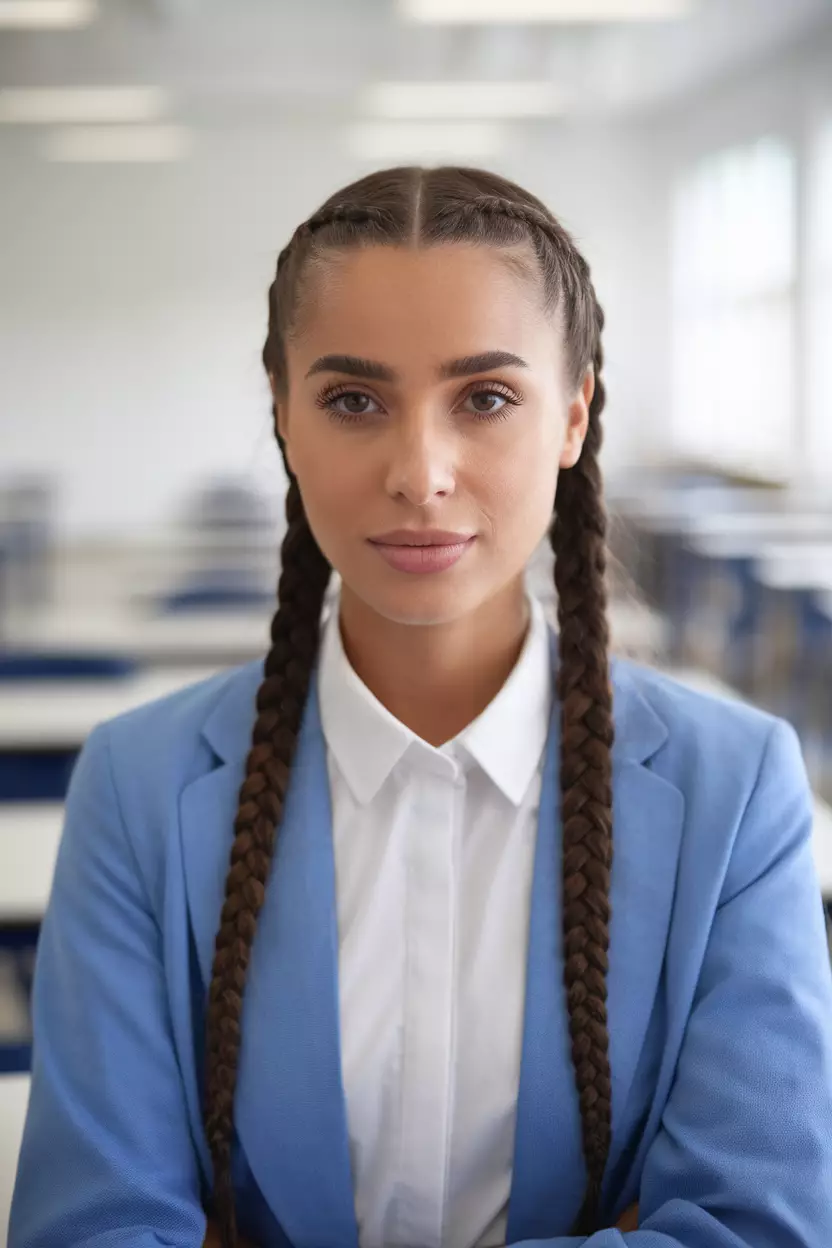 Double Braids (Pigtail Braids) A beautiful woman with two neat, symmetrical pigtail braids.