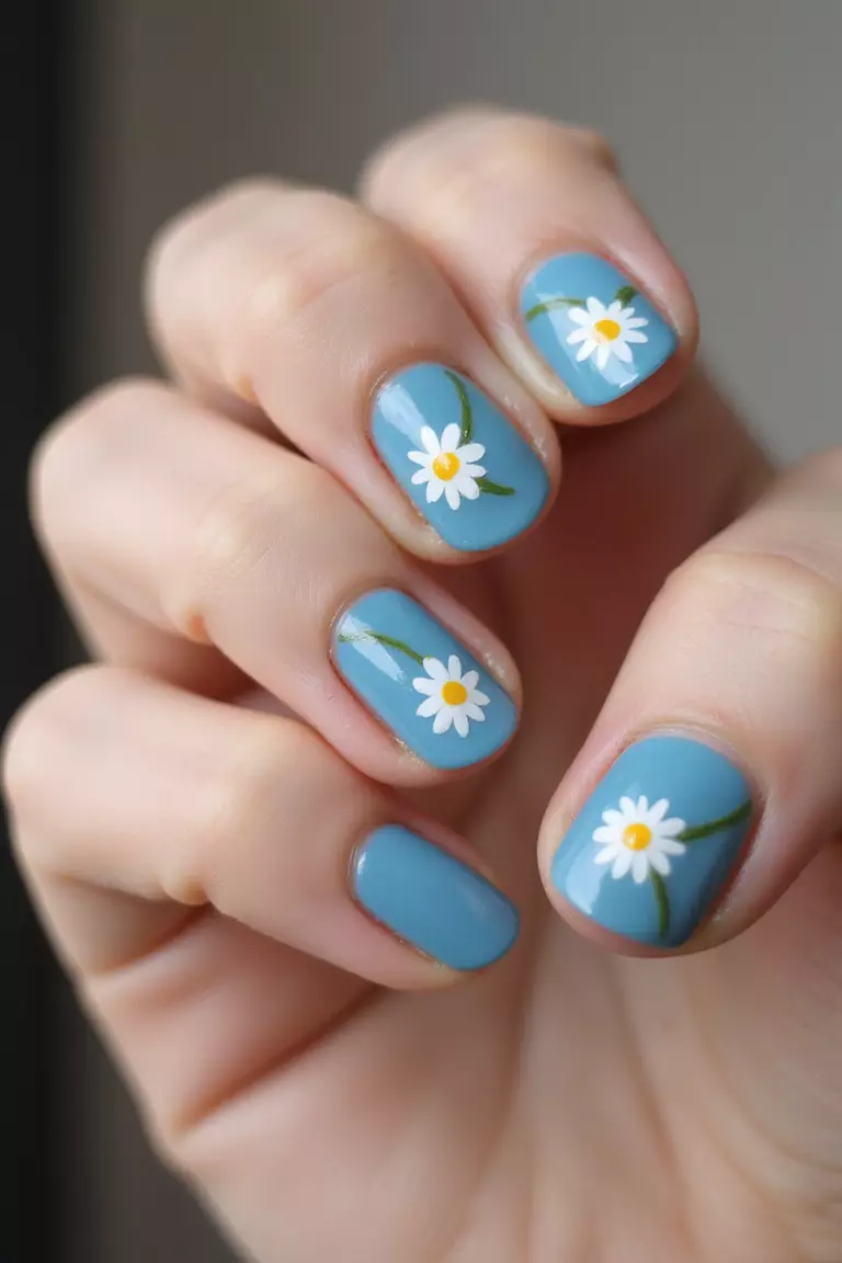 Cornflower Blue With Daisies Close-up of a woman's hand with five fingers showing cornflower blue nails with small white daisy flowers painted on, featuring yellow centers and thin green stems.