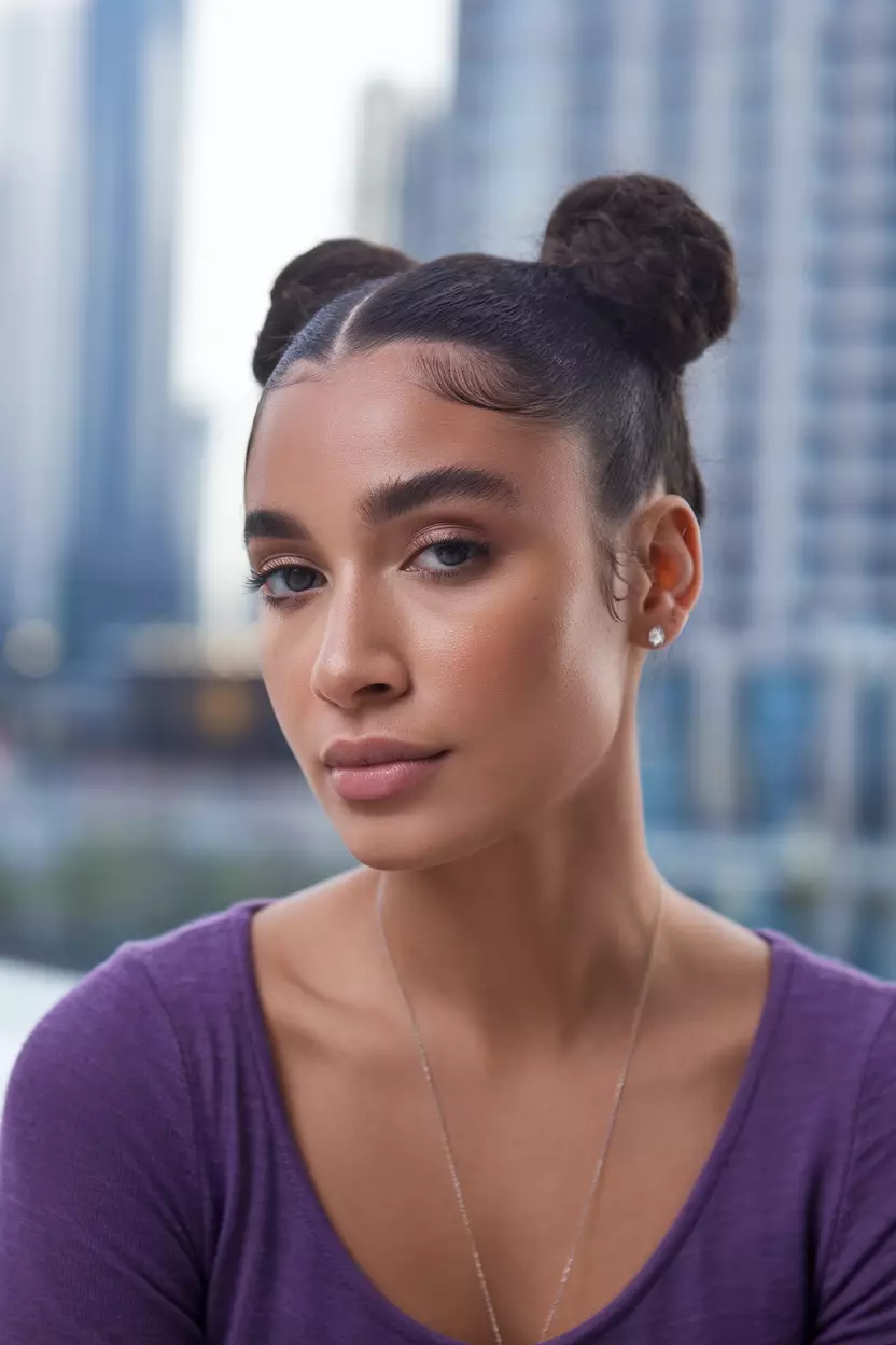 A beautiful woman with a Space Buns hairstyle