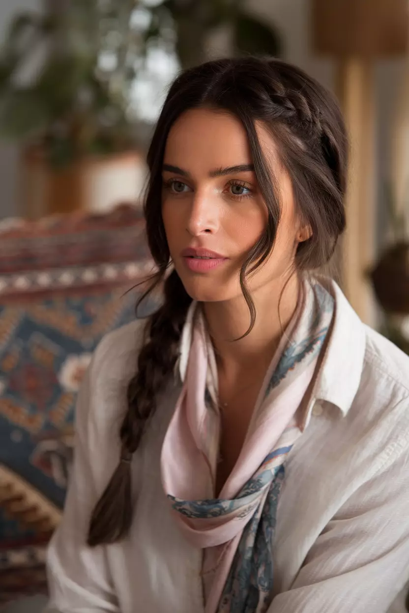 Loose Braid with Front Pieces A beautiful woman with a soft, loose braid with some face-framing pieces left out.