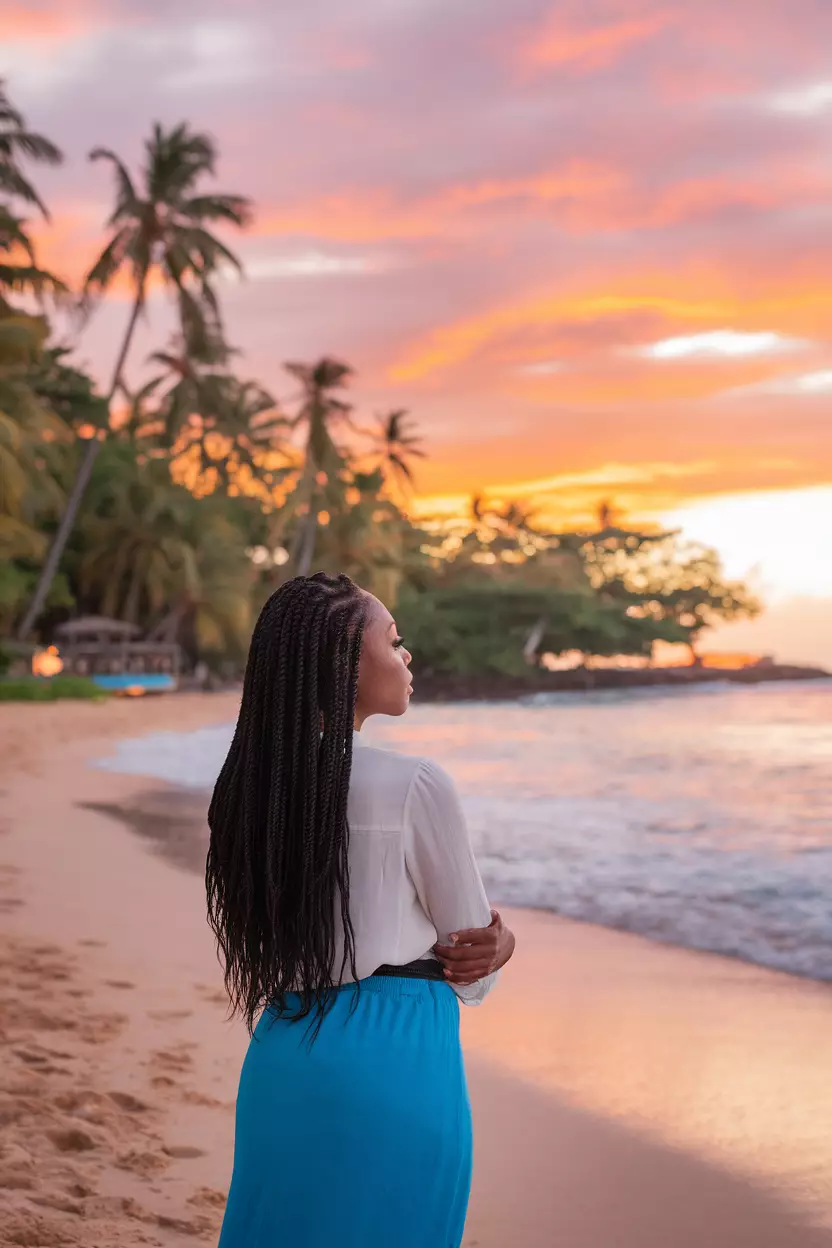 A beautiful black woman with Senegalese twists, watching a sunset on a tropical beach with palm trees