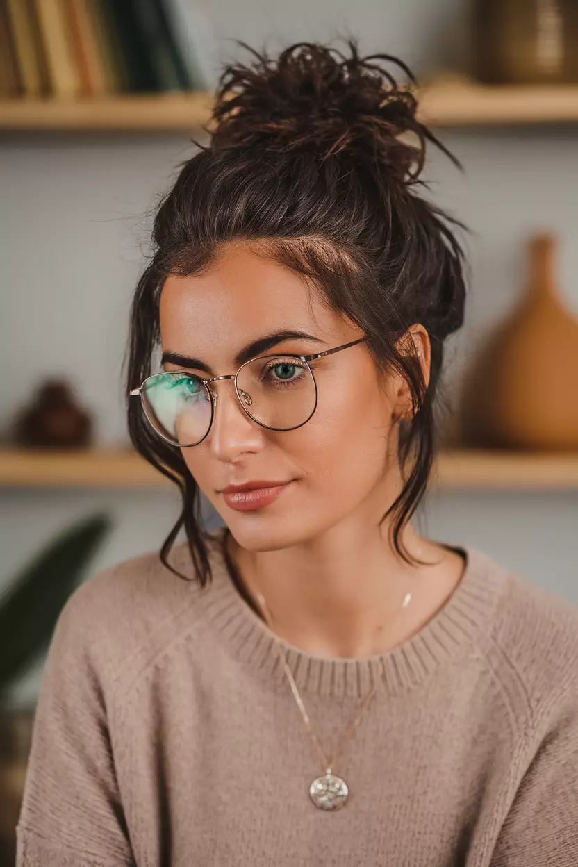 Messy Bun A beautiful woman with a messy bun hairstyle.