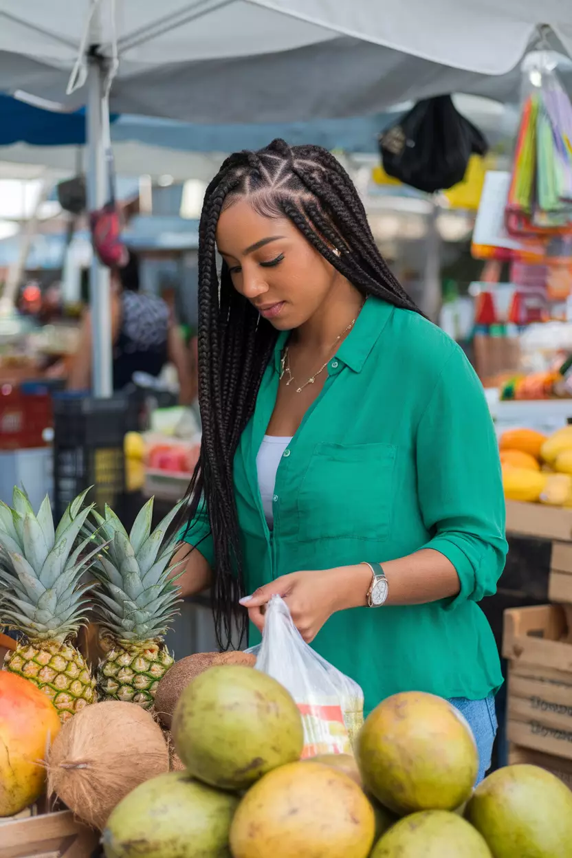 A beautiful black woman with knotless braids, shopping at an outdoor market with tropical fruits