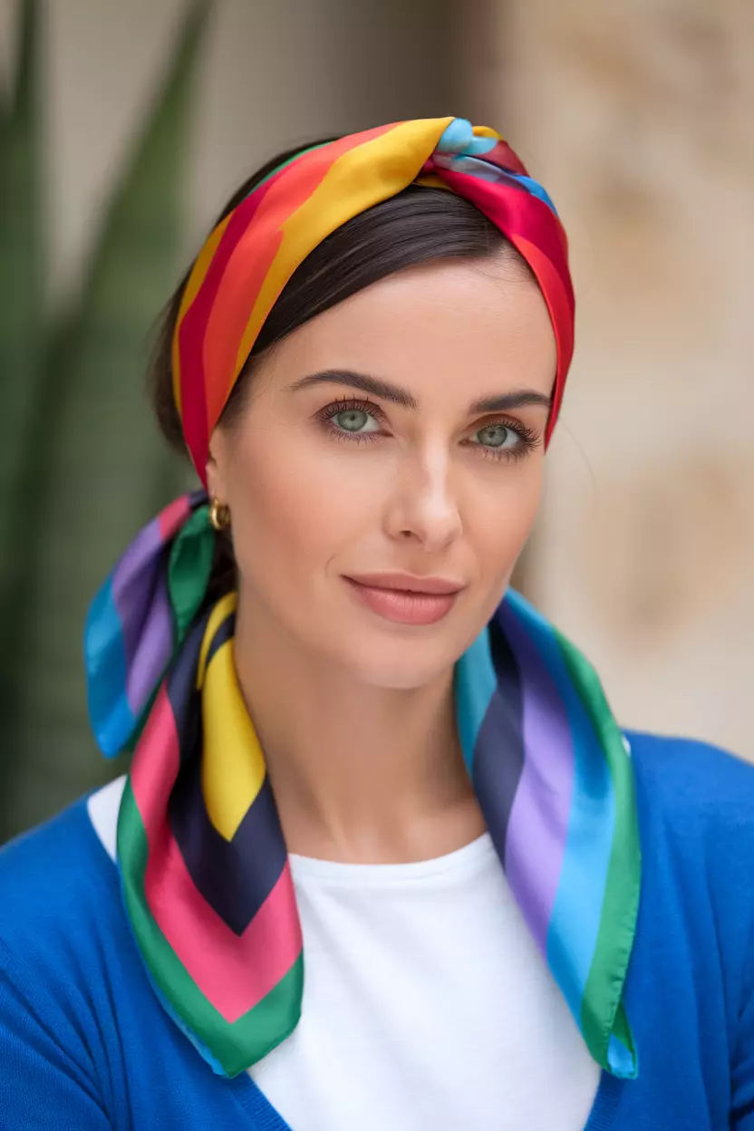 Scarf Headband Style A beautiful woman with a colorful scarf used as a headband style.