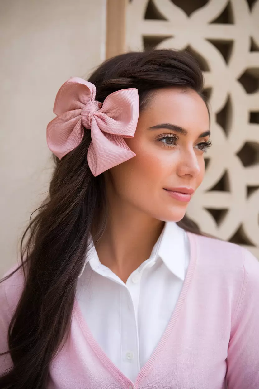 Half-Up with a Bow A beautiful woman with a half-up hairstyle adorned with a stylish bow.