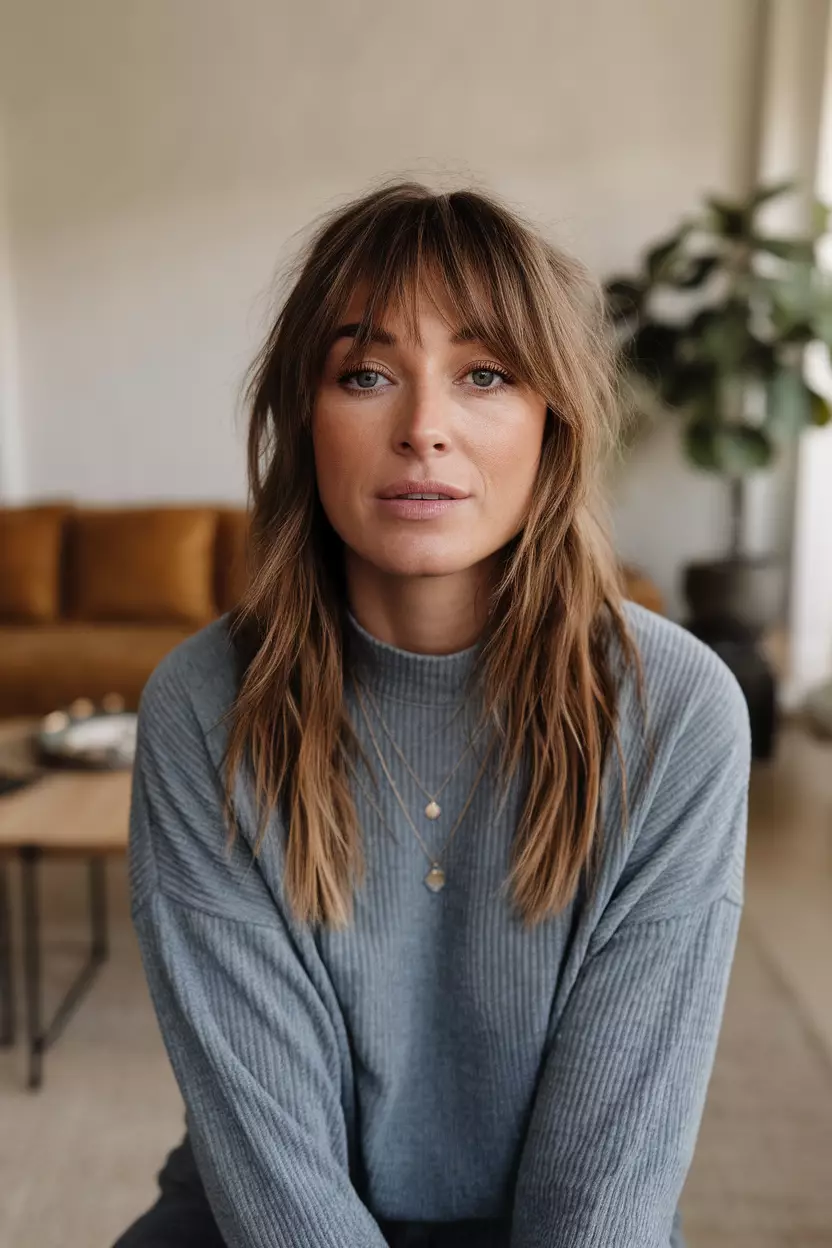 Wispy Bangs A beautiful woman with wispy bangs, front view, living room background