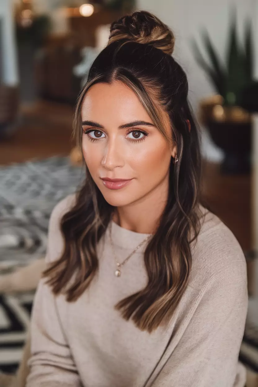 A beautiful woman with a Half-Up Top Knot hairstyle