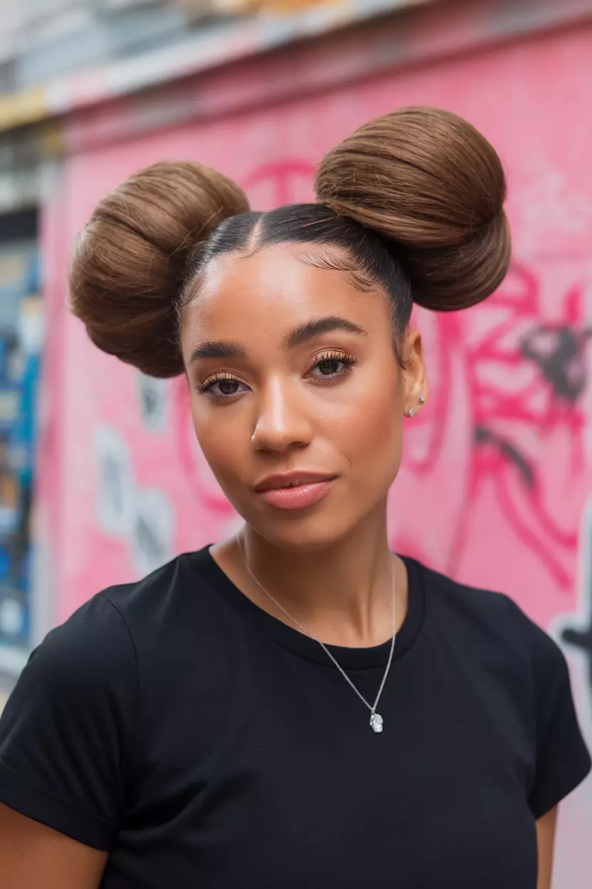 Space Buns A beautiful woman with two space buns hairstyle on top of her head.