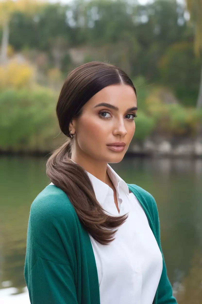 Sleek Low Ponytail A beautiful woman with a sleek low ponytail hairstyle.