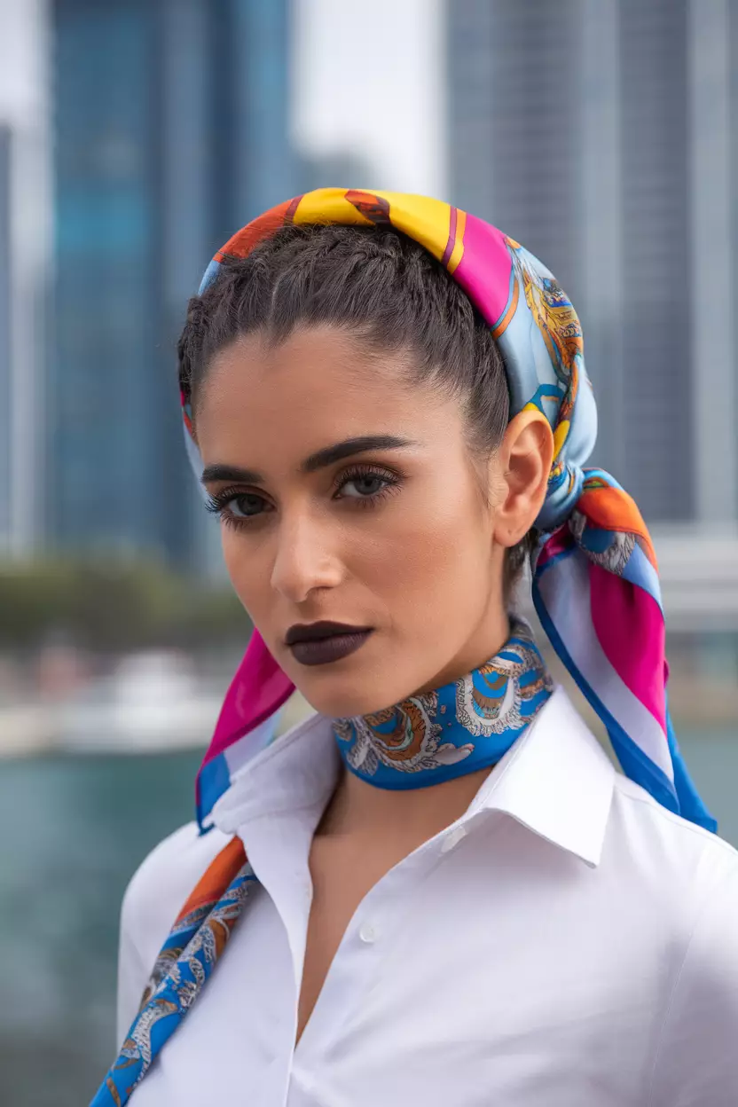 Scarf Hairstyle A beautiful woman with a colorful scarf woven into her hairstyle.