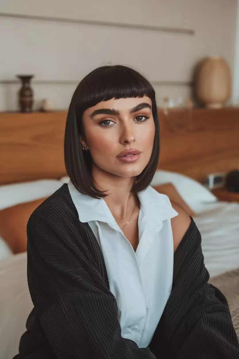 Straight Pixie A beautiful woman with a blunt bob hairstyle, bedroom background