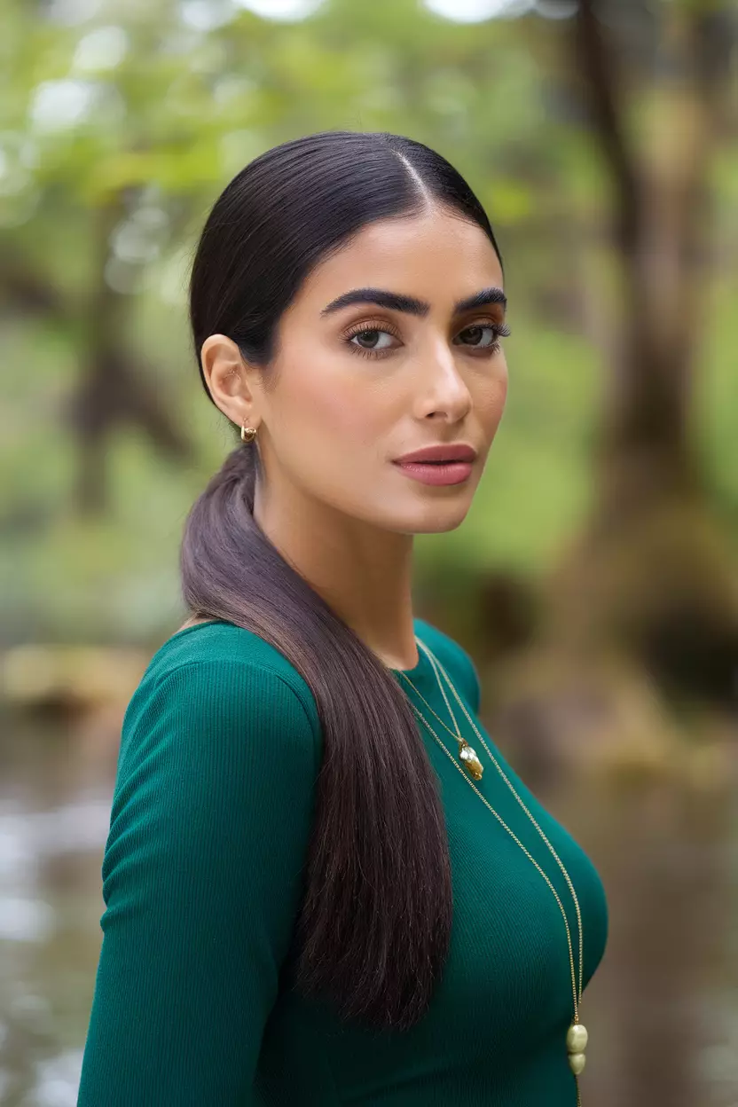 Sleek Low Ponytail A beautiful woman with a sleek low ponytail hairstyle