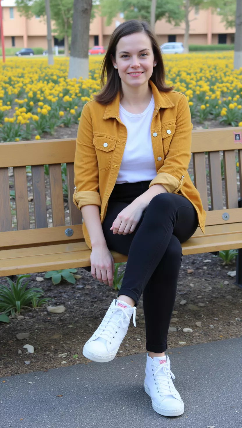 A beautiful woman in a mustard yellow corduroy shirt jacket, a white crewneck tee, black slim-fit jeans, and white high-top sneakers, she sits on a park bench.