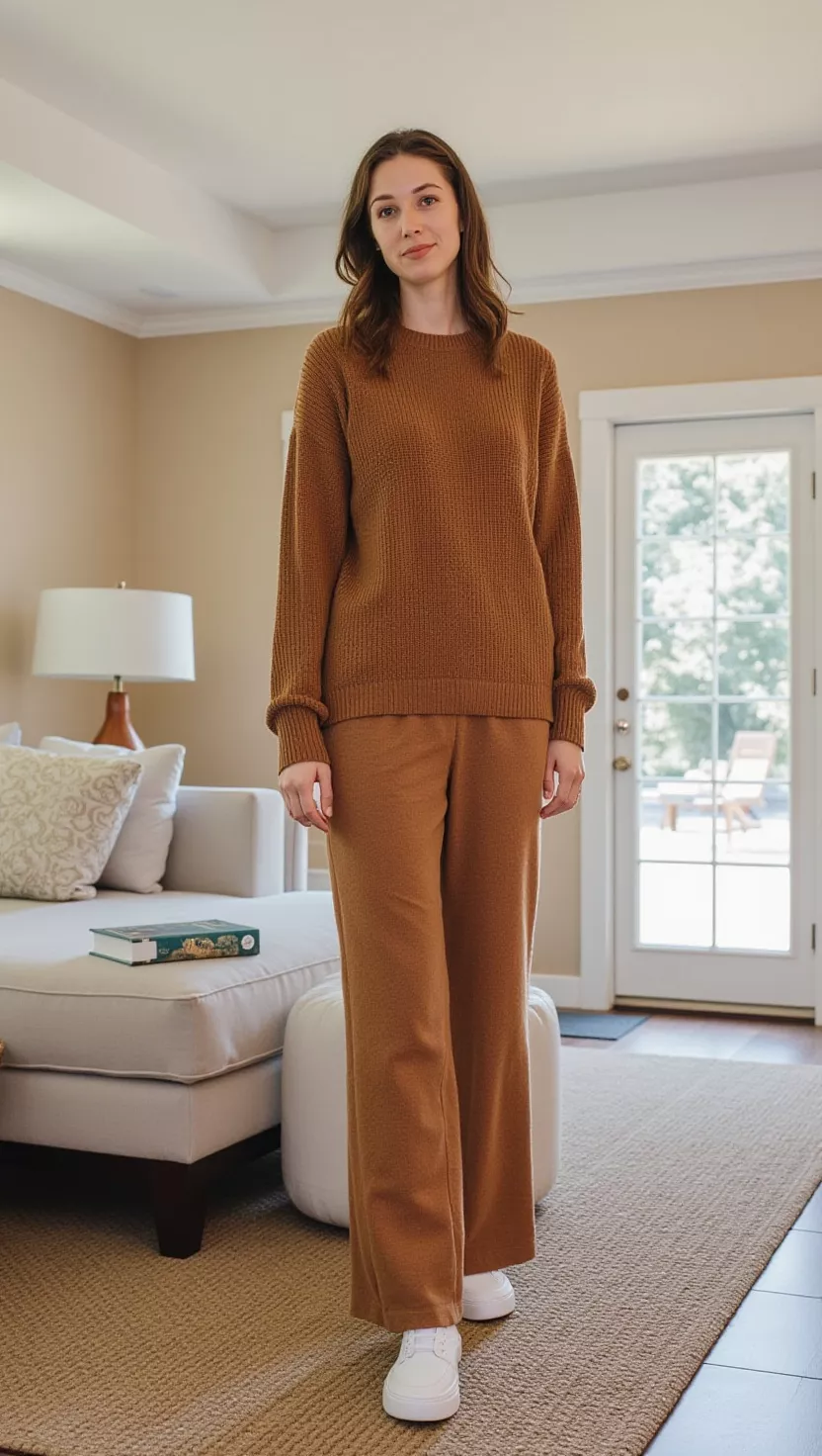 A beautiful woman in a matching brown cozy knit sweater and wide-leg pants set, with white fashion sneakers, she poses in a sunlit living room.
