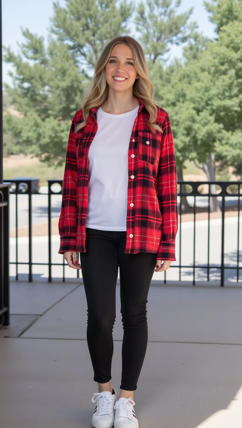A beautiful woman in a red and black plaid shacket, a simple white cotton T-shirt, black skinny jeans, and clean white leather sneakers, laughing softly.