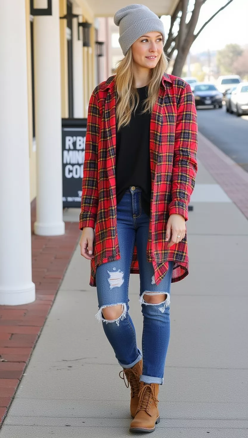A beautiful woman in a plaid flannel shacket, a black basic t-shirt, distressed blue jeans, brown hiking boots, and a gray knit beanie, looking contemplative.
