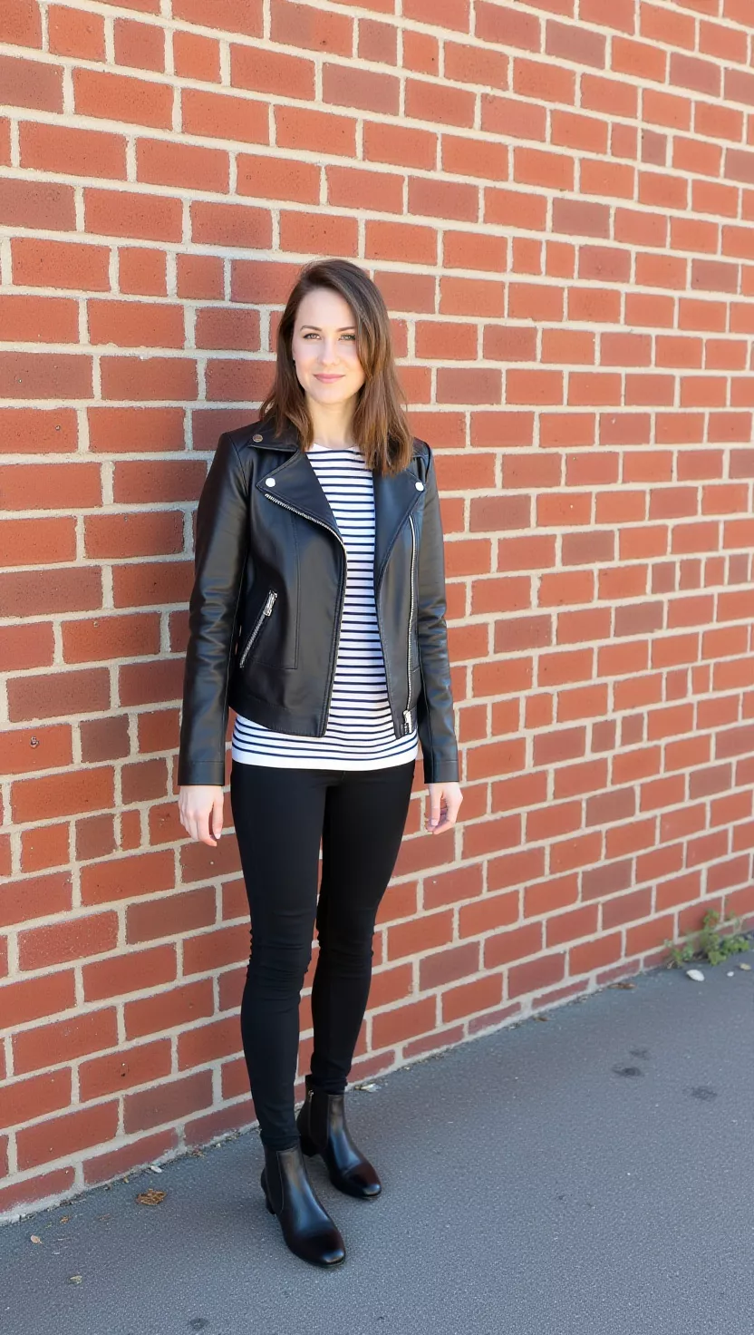 A beautiful woman in a classic black leather biker jacket, a navy and white striped sweater, black skinny jeans, and black leather Chelsea boots, posing against a brick wall.