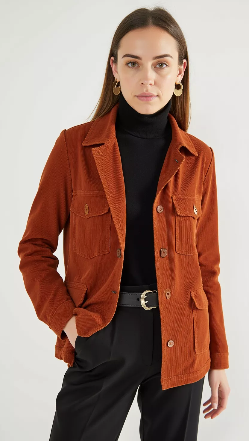 Corduroy Shirt Jacket + Turtleneck + Straight-Leg Pants A beautiful woman in a rust-colored corduroy shirt jacket, a black turtleneck, and black straight-leg pants, with simple gold earrings.