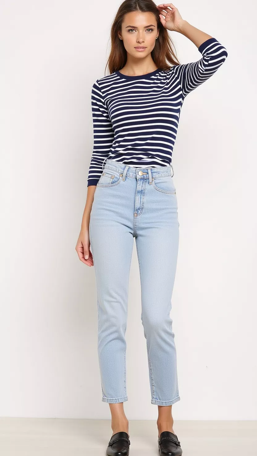 Striped Long-Sleeve T-Shirt + High-Waisted Jeans + Loafers A beautiful woman in a navy and white striped long-sleeve t-shirt, light wash high-waisted jeans, and black leather loafers.